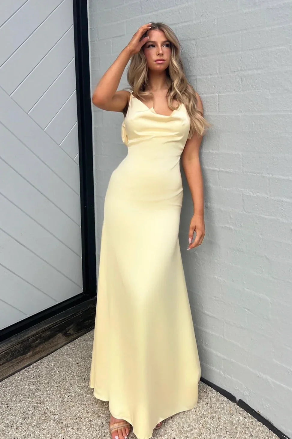 Charming Sheath Spaghetti Straps Yellow Long Party Dress with Pearl - View 4 | VelvetHem