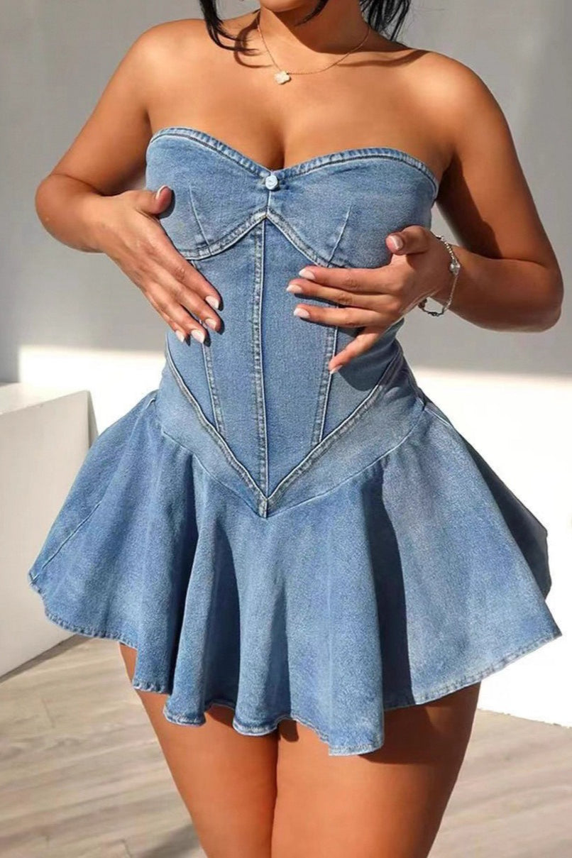 Sleeveless Bodycon Mini Denim Dress - VelvetHem