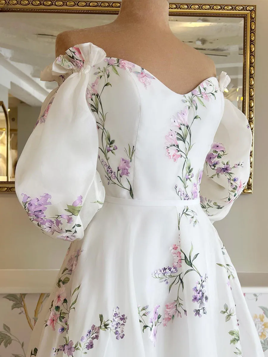 Women's Floral Print Wedding Dresses, Off-the-Shoulder Bridal Gowns, Beach Sweep Train Bridal Gown - View 4 | VelvetHem