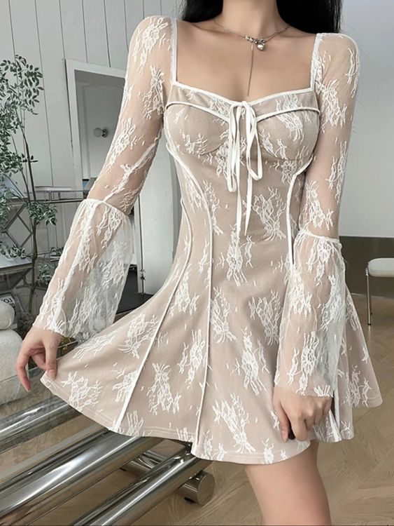 Lace Low Cut Flared Sleeve A-line Party Dress - VelvetHem
