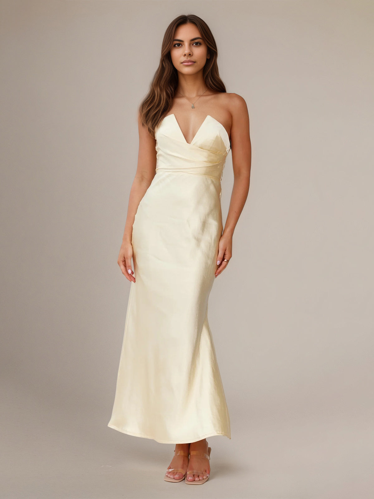 Yellow Satin Sheath/Column V Neck Ankle Length Bridesmaid Dresses - VelvetHem