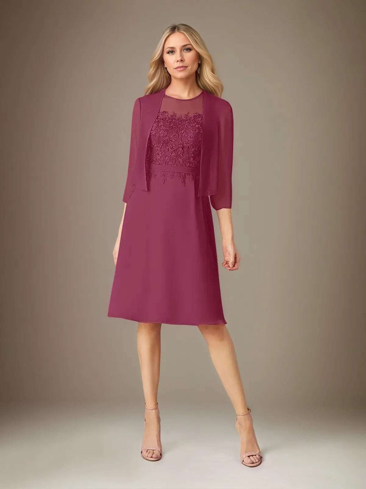 A Line Chiffon Scoop Neck 3/4 Sleeves Knee Length Dress - VelvetHem