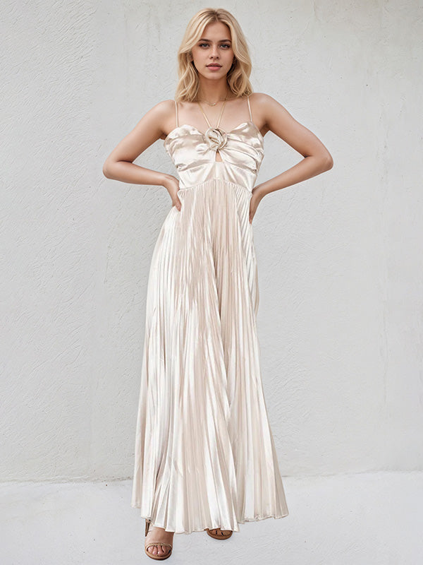 Champagne A Line Satin Spaghetti Straps Sleeveless Floor Length Dress With 3D Flower - VelvetHem