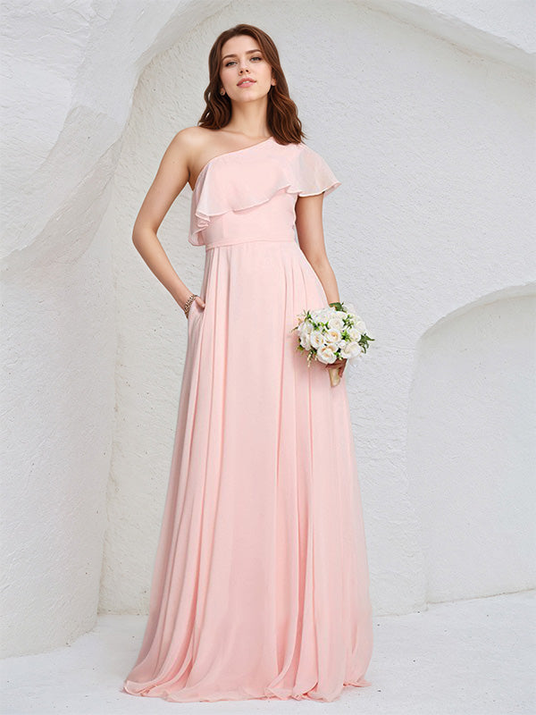 Pink Chiffon A-Line One Shoulder Floor-Length Sleeveless Bridesmaid Dress With Ruffles - VelvetHem
