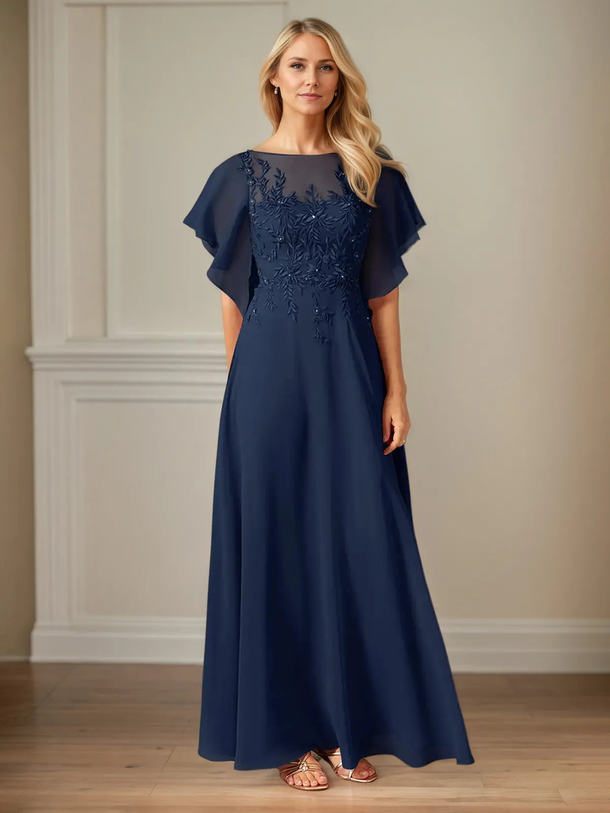 A Line Chiffon Boat Neck Flutter Sleeve Floor Length Dress - VelvetHem