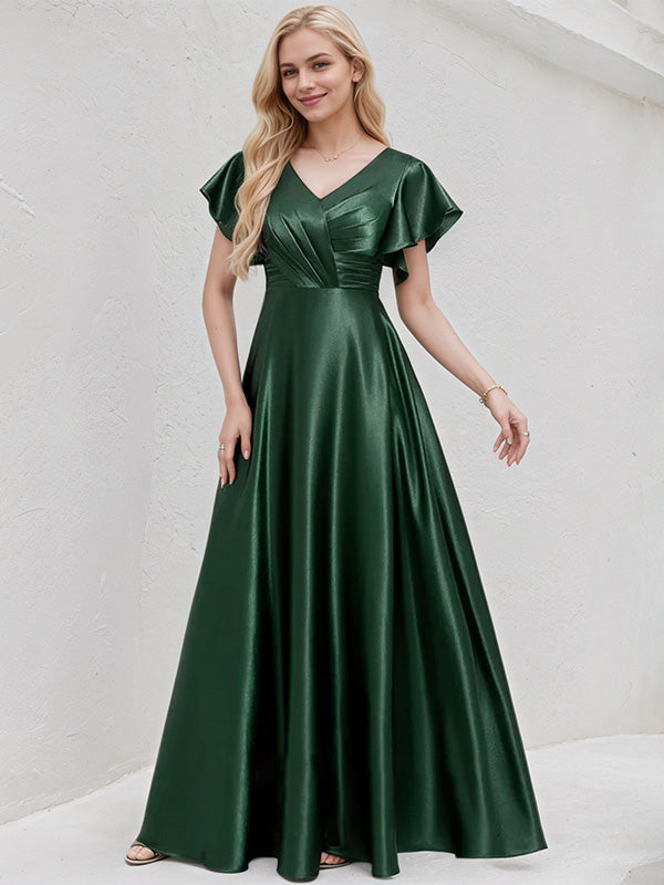 Green Satin A Line V Neck Floor Length Bridesmaid Dress With Ruffle - VelvetHem