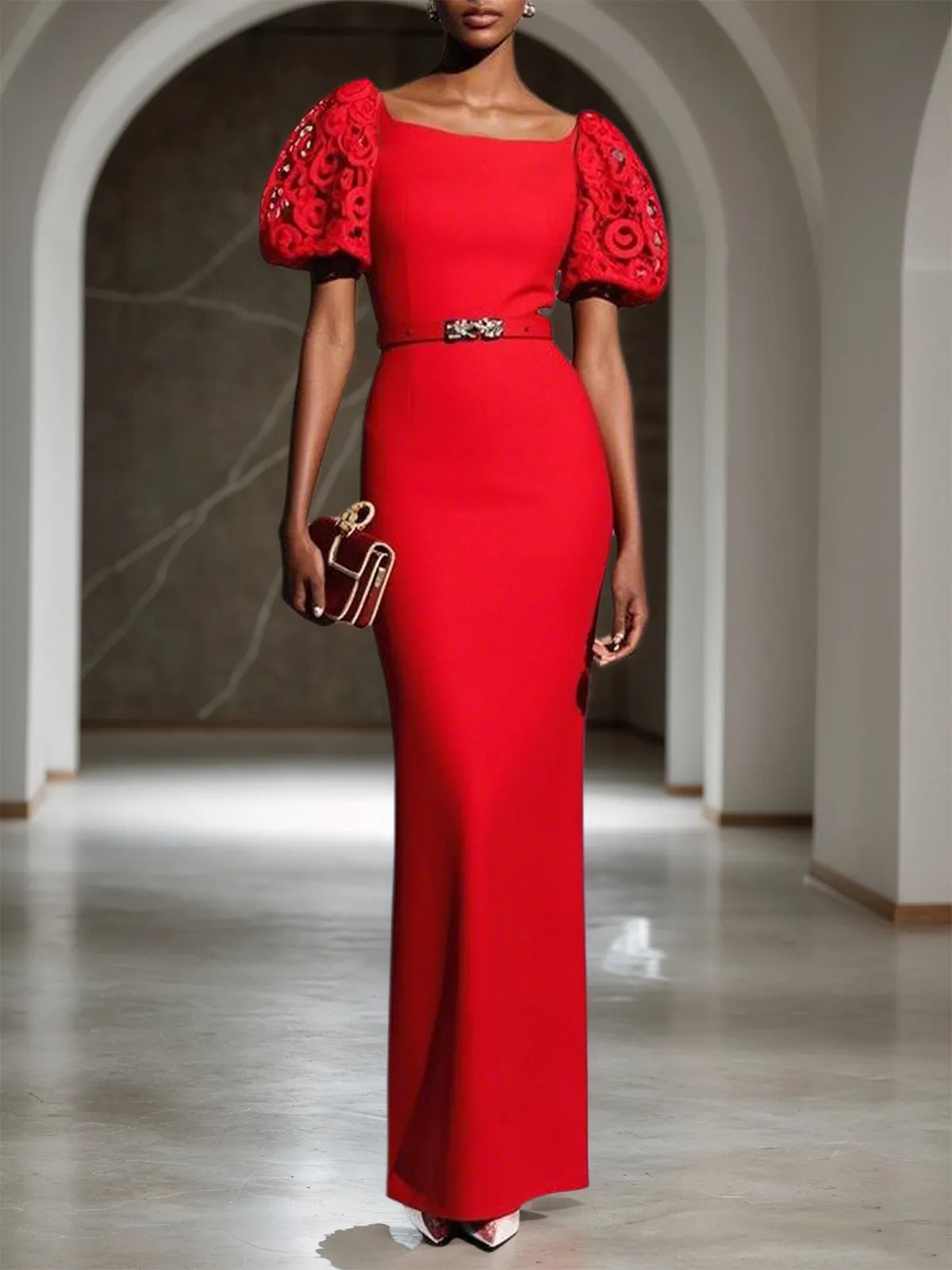 Red Lace Classic Boat Neck Short Sleeve Balloon Sleeve Sheath Maxi Dress - VelvetHem