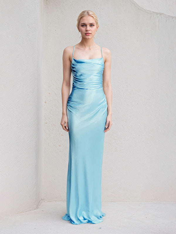 Iceberg Blue Sheath/Column Satin Spaghetti Straps Sleeveless Floor Length Dress - VelvetHem
