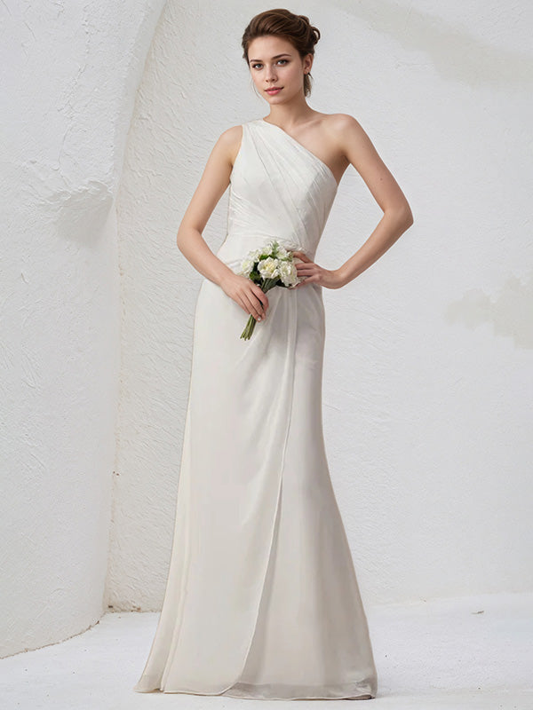 Ivory Chiffon Sheath/Column One Shoulder Sleeveless Floor Length Bridesmaid Dress - VelvetHem