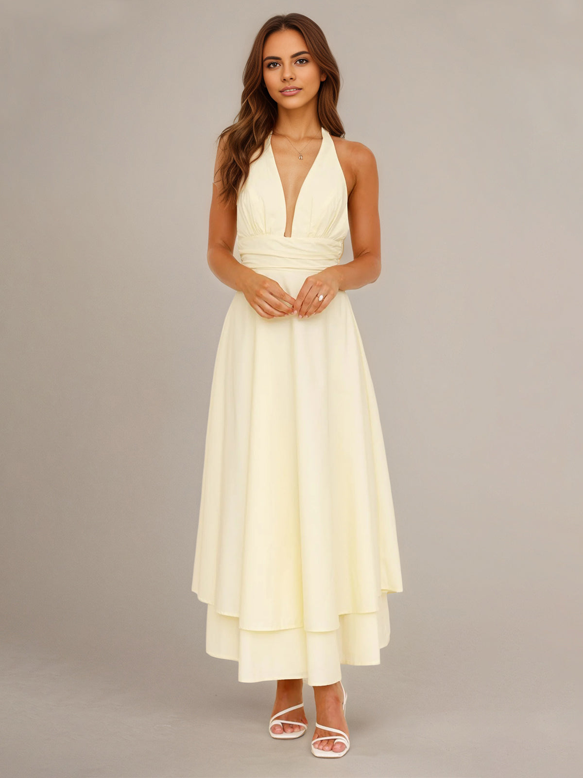 Lemon Chiffon A Line Halter Neck Sleeveless Ankle Length Bridesmaid Dress - VelvetHem