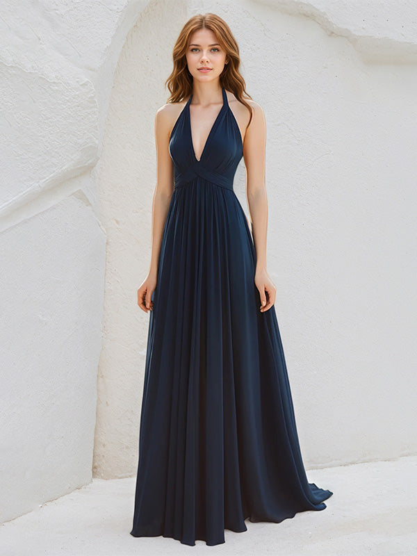 A Line Dark Royal Blue Chiffon Halter Neck Sleeveless Floor Length Dress - VelvetHem
