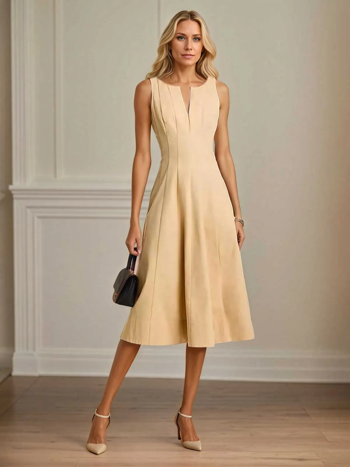A Line V Neck Sleeveless Tea Length Stretch Crepe Mother of the Bride Dress - VelvetHem