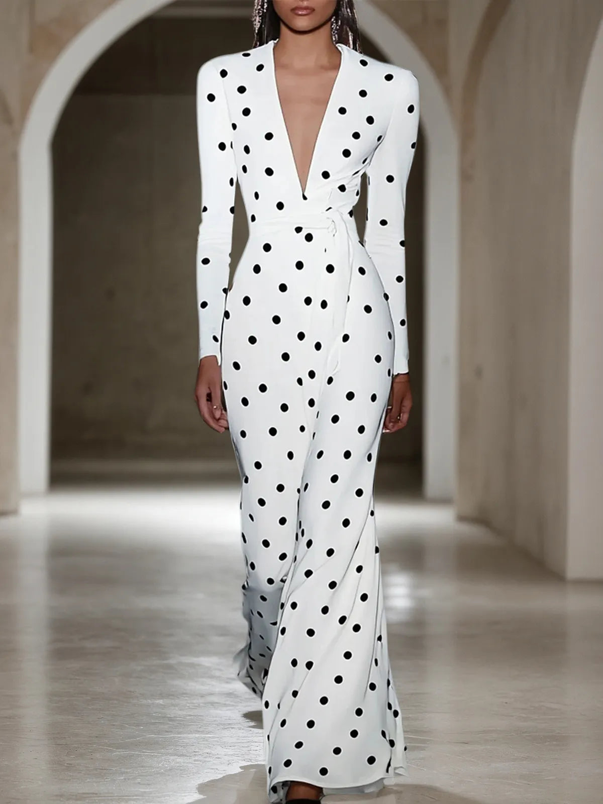 White Deep V Neck Long Sleeve A-Line Maxi Dress - VelvetHem