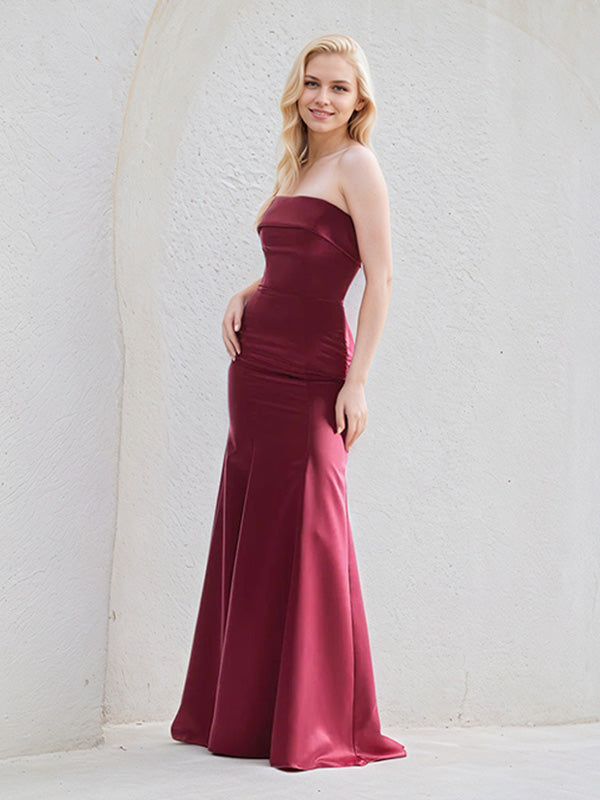 Red Satin Trumpet/Mermaid Off the Shoulder Sleeveless Floor Length Bridesmaid Dress - VelvetHem