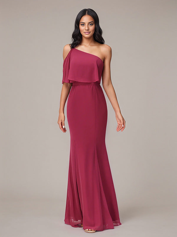 Mulberry Sheath/Column Chiffon One Shoulder Sleeveless Floor-Length Bridesmaid Dresses - VelvetHem
