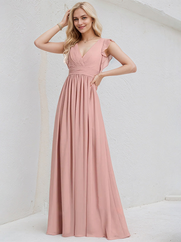 Dusty Rose Chiffon A Line V Neck Sleeveless Floor Length Bridesmaid Dress With Ruffle - VelvetHem