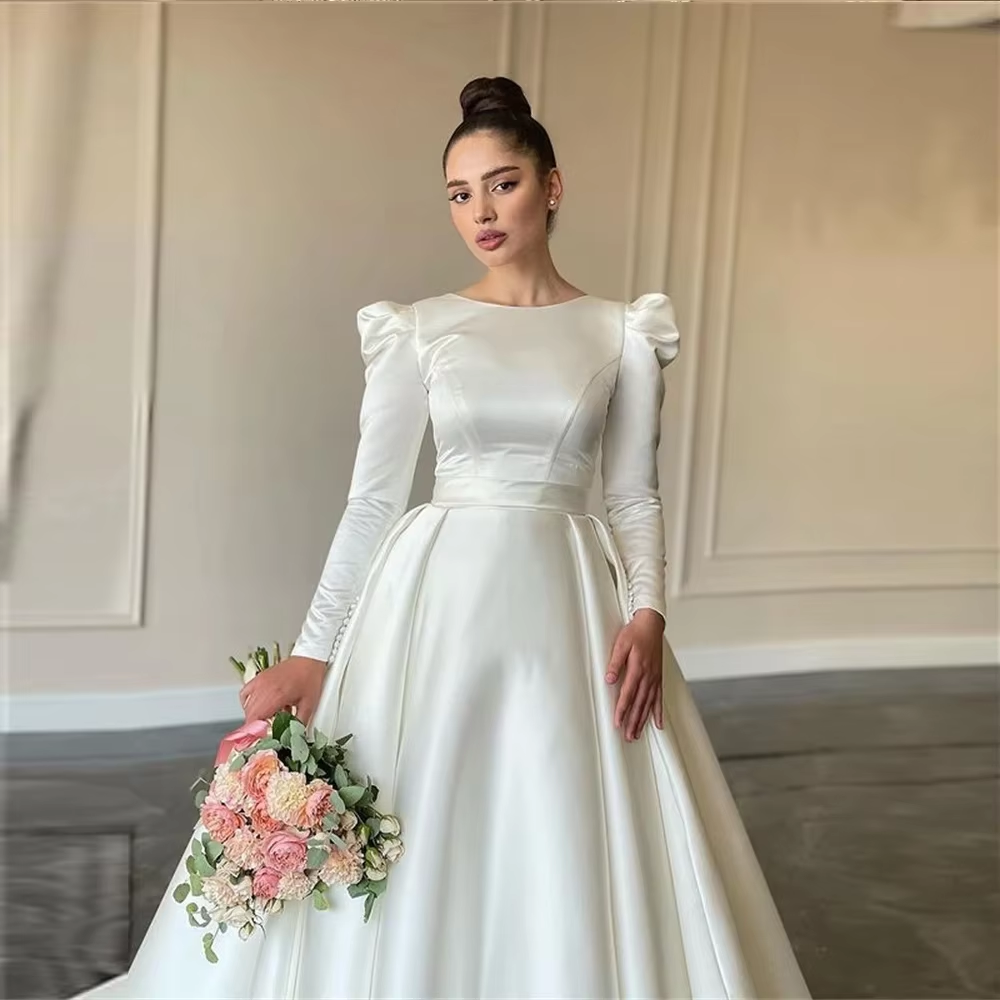 Simple wedding dress with sleeves, satin ball gown fg6430 - View 3 | VelvetHem