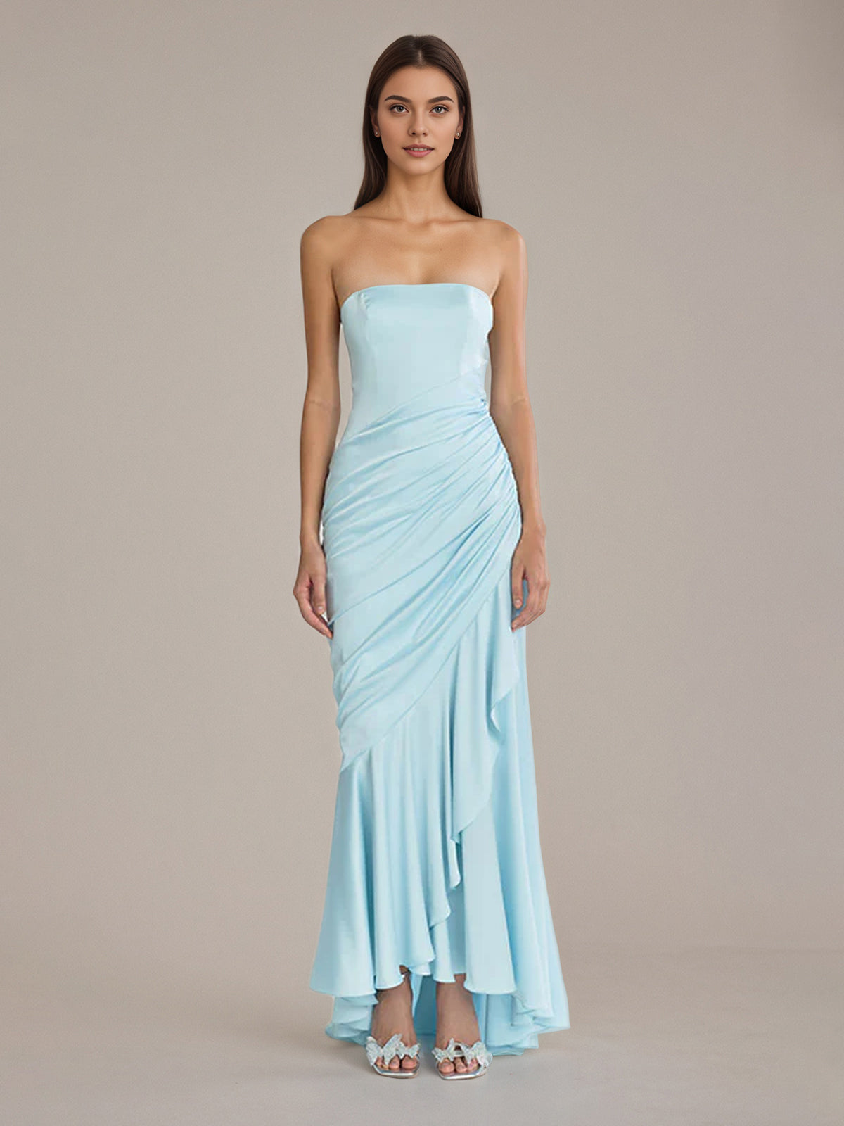 Sheath/Column Satin Off The Shoulder Sleeveless Floor Length Dresses With Ruffles - VelvetHem