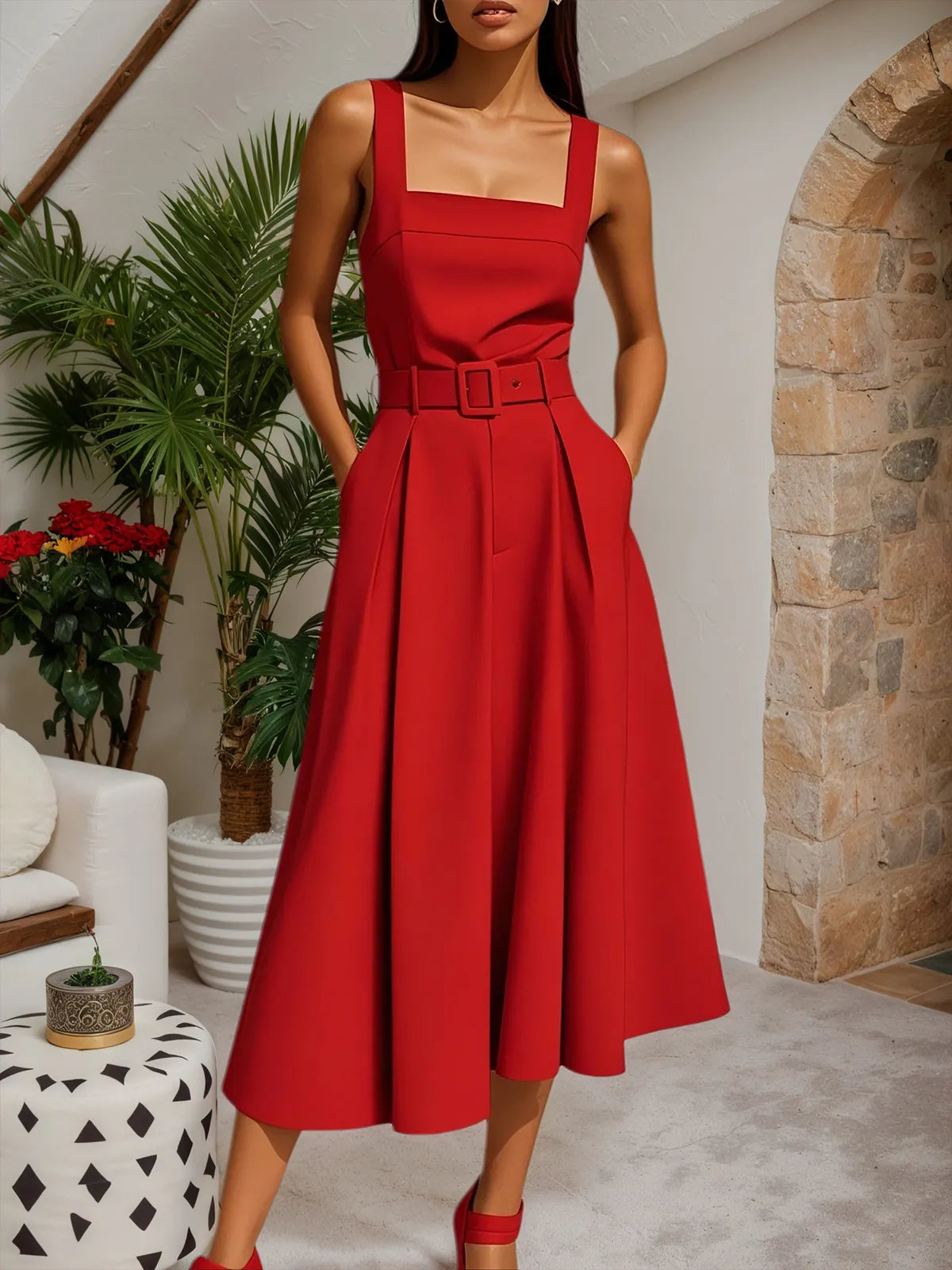 Red Square Neck Sleeveless A-Line Midi Dress - VelvetHem