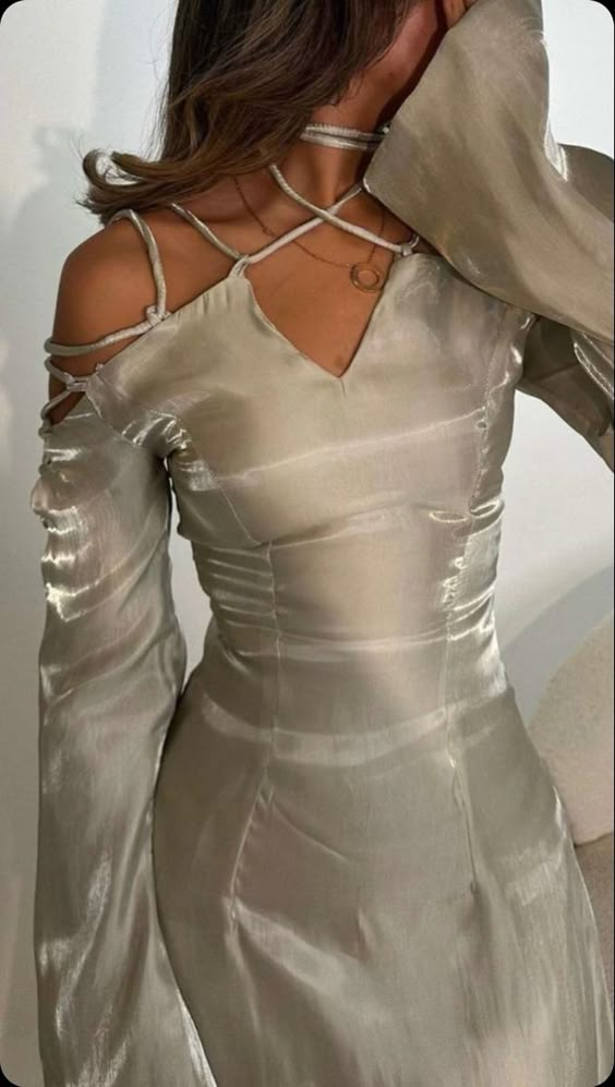 Silver Grey Prom Dress, Modern Girl Lace Up Flare Sleeves V Neck Elegant Evening Dress fg6554 - View 2 | VelvetHem