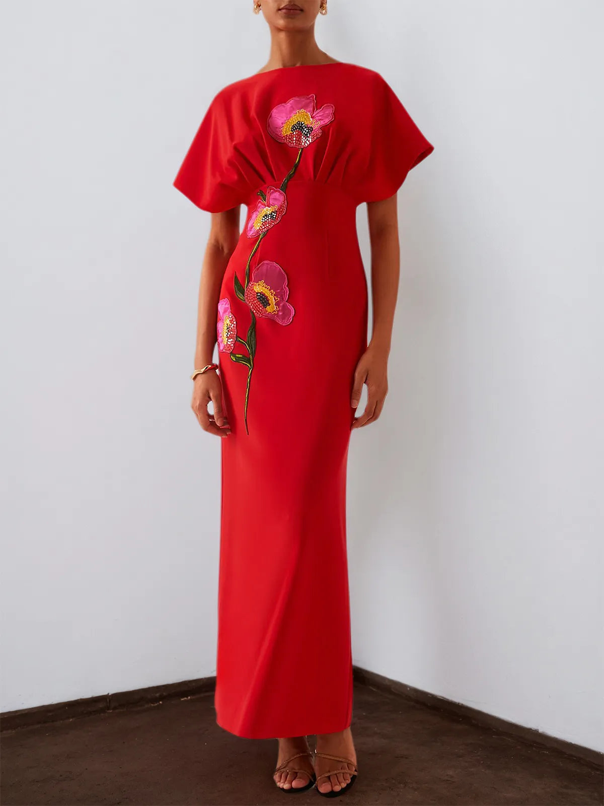 Red Applique Boat Neck Short Sleeve Backless Sheath Maxi Dress - VelvetHem