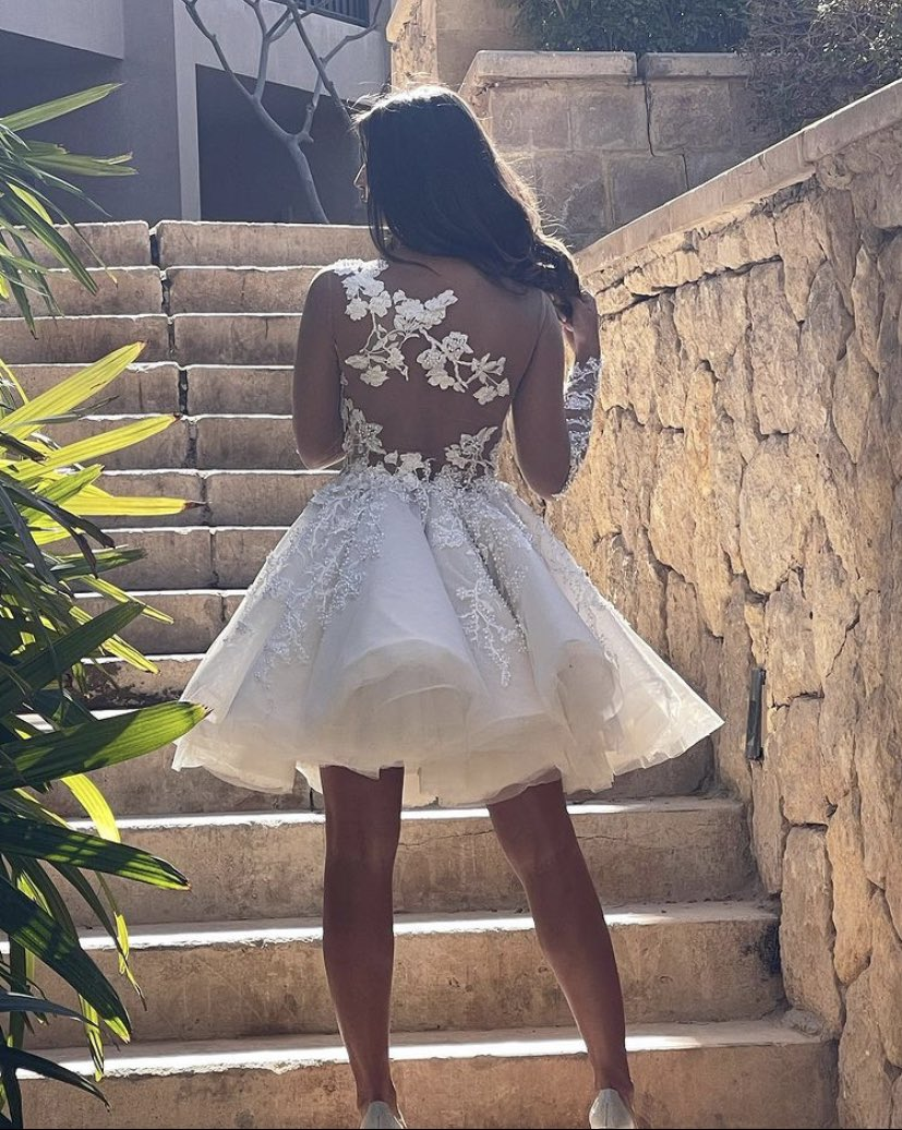 A Line Unique Short Wedding Dress with Lace Appliques fg6599 - View 2 | VelvetHem