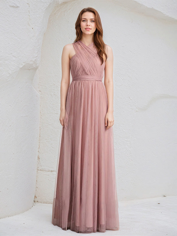 Dusty Rose A-Line Halter Neck Floor-Length Tulle Bridesmaid Dress