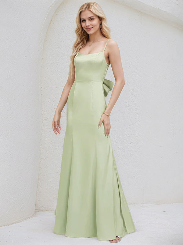Celadon Satin Spaghetti Straps Sleeveless Floor Length Bridesmaid Dress With Bow - VelvetHem