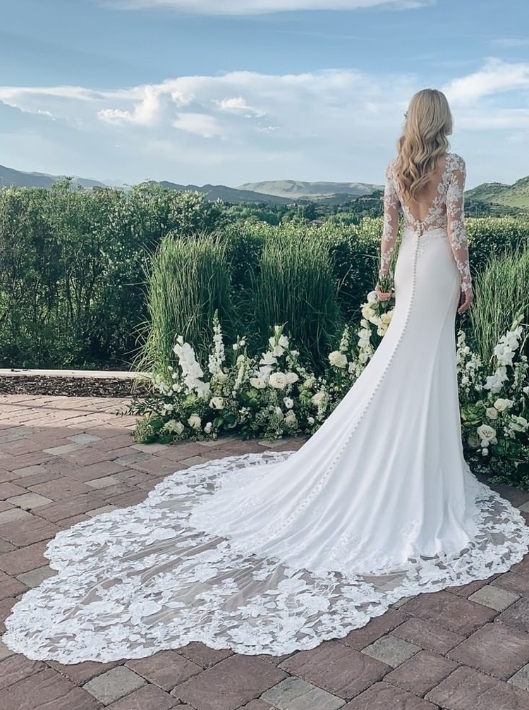 Chapel-length Petal Train Low Back Stretch Crepe Wedding Dress With Long Sleeves fg6562 - View 3 | VelvetHem