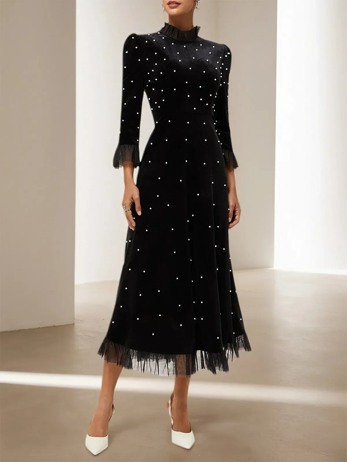 Black Beaded Mock Neck Three Quarter Sleeve A-Line Maxi Velvet Dress - VelvetHem