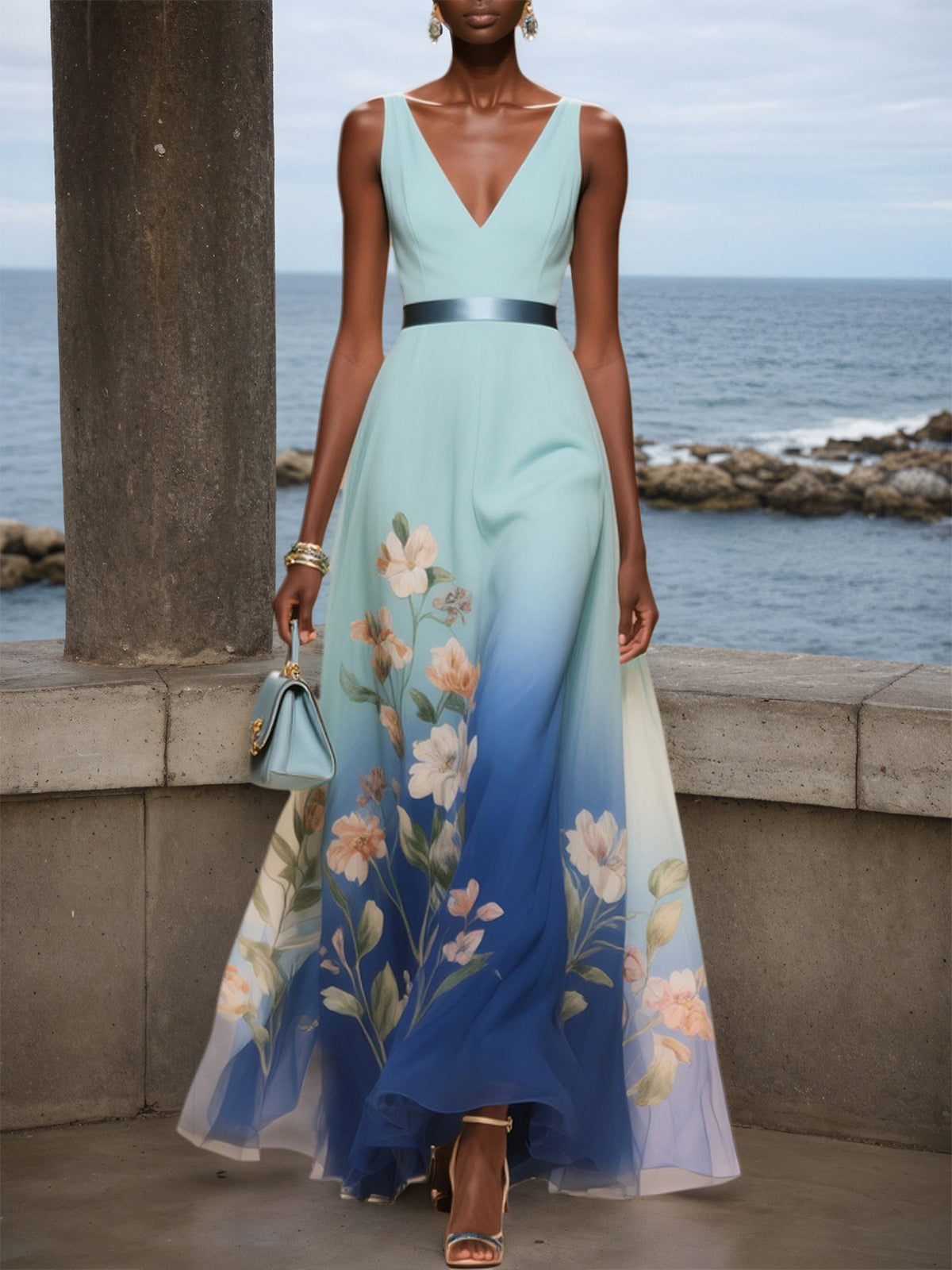 Light Blue Floral Chiffon V Neck Sleeveless A-Line Midi Dress - VelvetHem