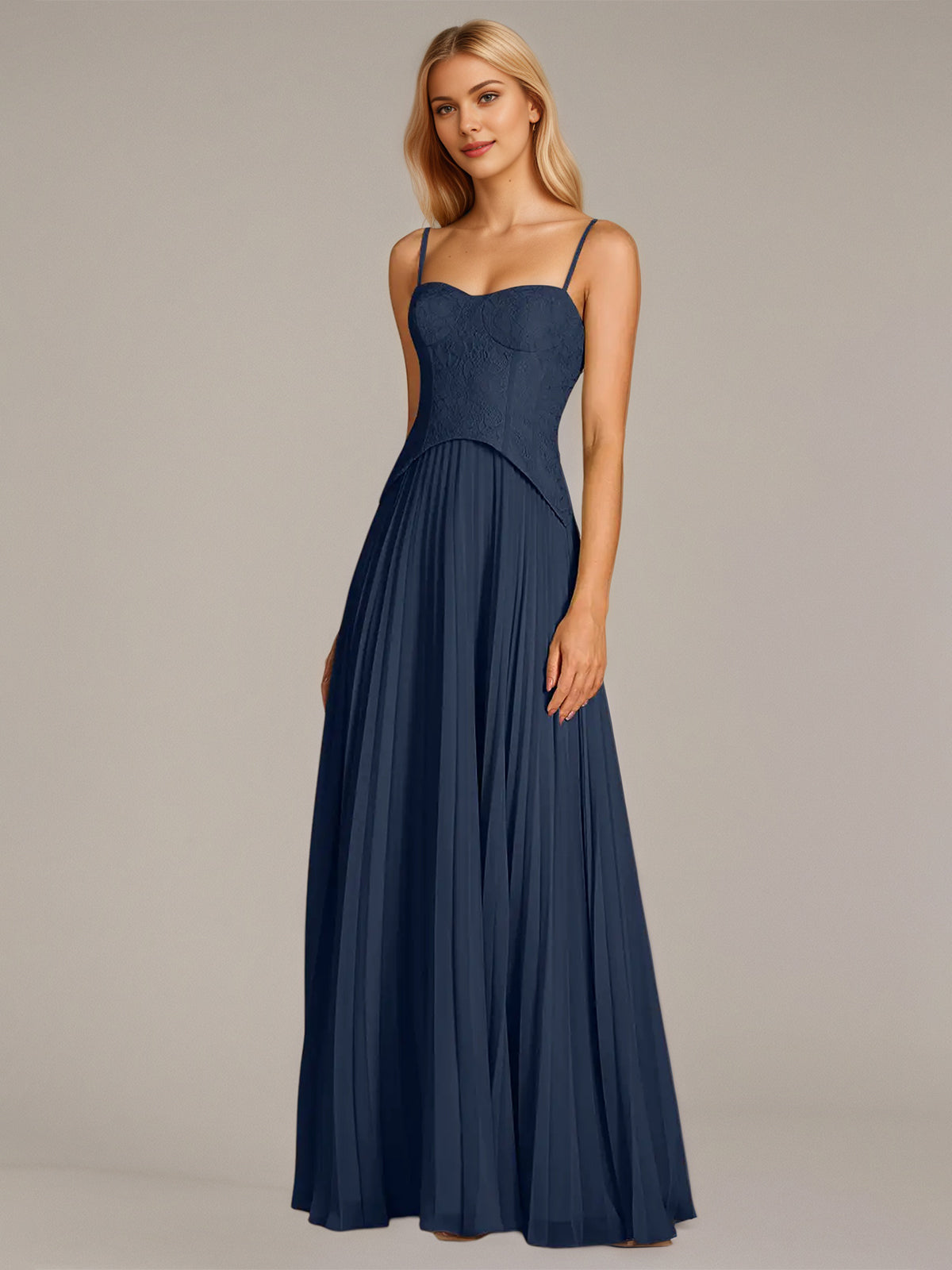 Navy A Line Chiffon Spaghetti Straps Sleeveless Floor Length Dresses - VelvetHem