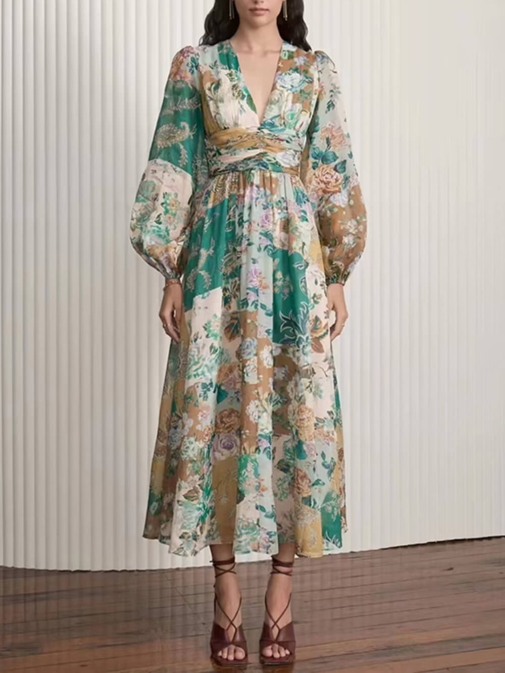 Hand Painted Printed V Neck Waist Midi Dress