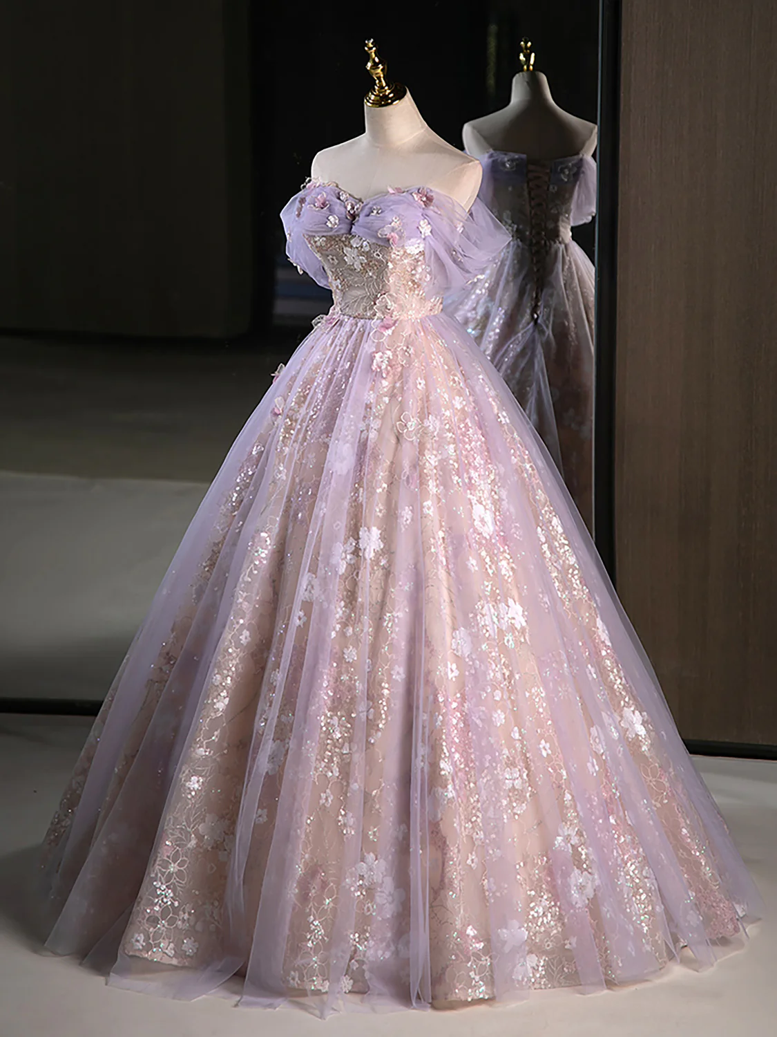 A-Line Off Shoulder Tulle Lace Purple Long Prom Dress, Purple Formal Dress fg6578 - View 3 | VelvetHem
