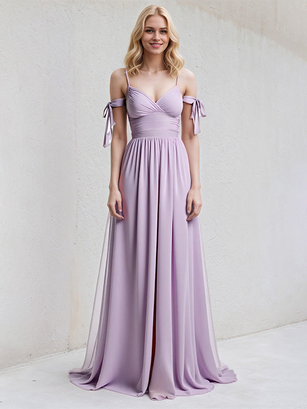 Lilac A Line Chiffon Spaghetti Straps Sleeveless Floor Length Dress With Bow