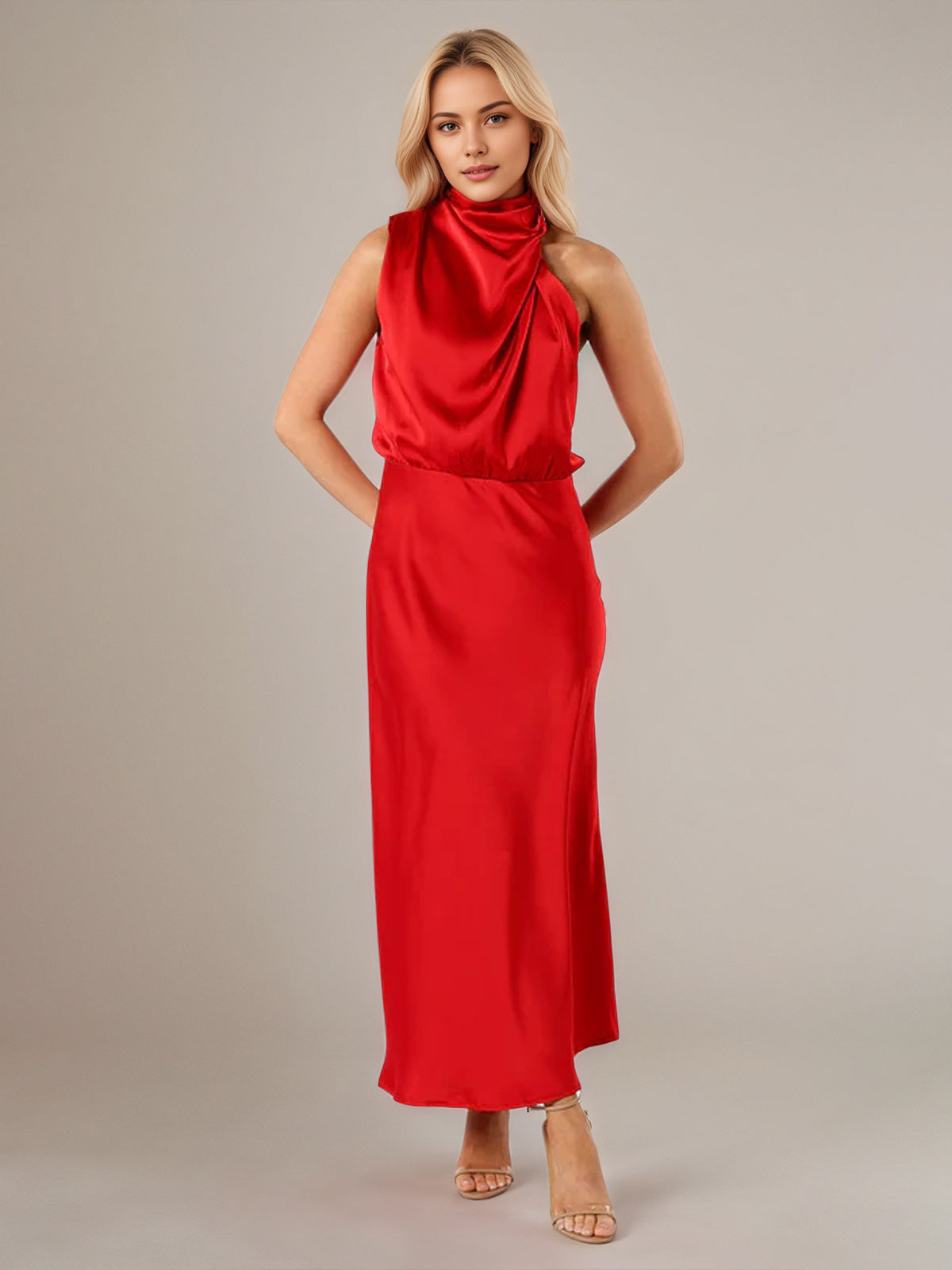 Red Satin Sheath/Column High Neck Sleeveless Ankle Length Bridesmaid Dress - VelvetHem