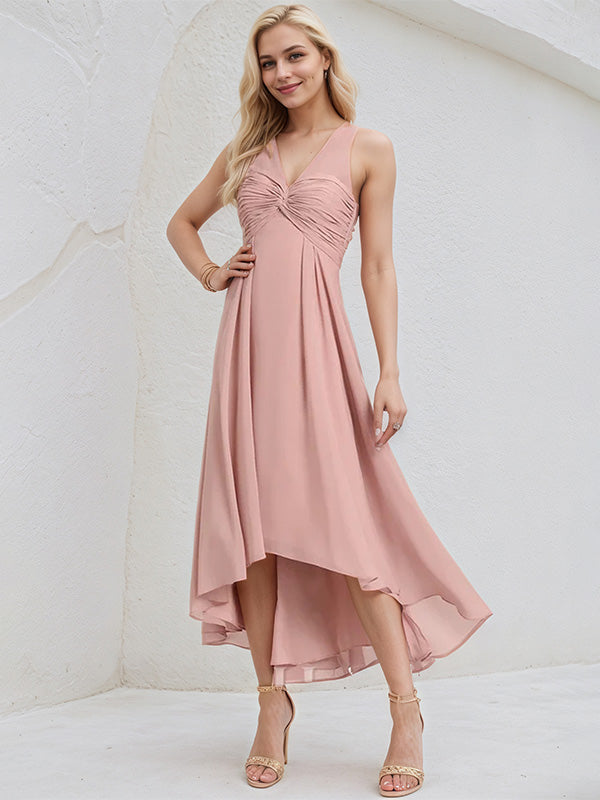 Dusty Rose Chiffon A Line V Neck Sleeveless Asymmetrical Bridesmaid Dress - VelvetHem