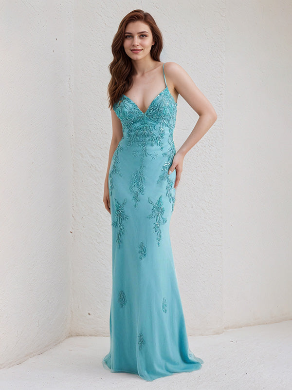Aqua Blue Chiffon Trumpet/Mermaid Spaghetti Straps Sleeveless Floor Length Bridesmaid Dress - VelvetHem