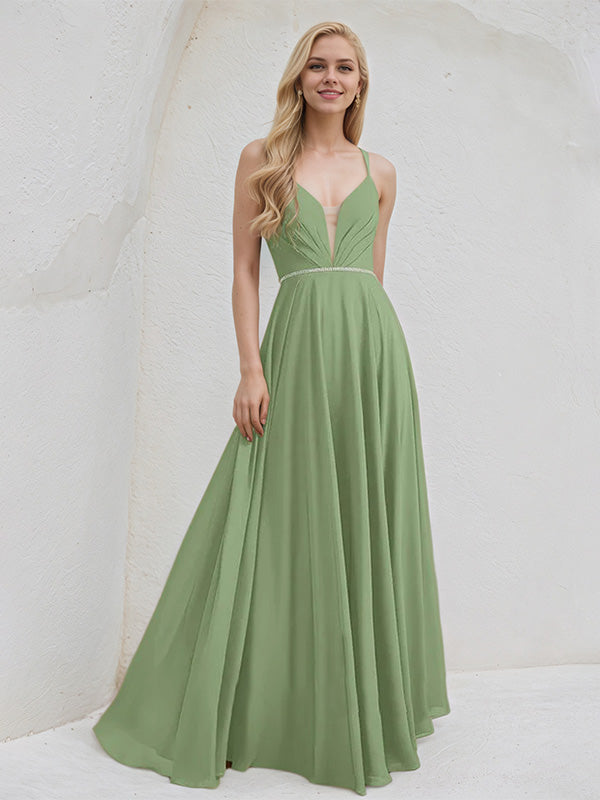 Basil A-Line V-Neck Floor-Length Chiffon Bridesmaid Dress With Beading - VelvetHem