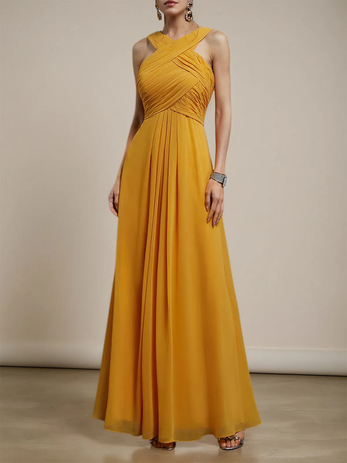 Yellow Pleated Cross Neck Sleeveless A-Line Maxi Chiffon Bridesmaid Dress - VelvetHem