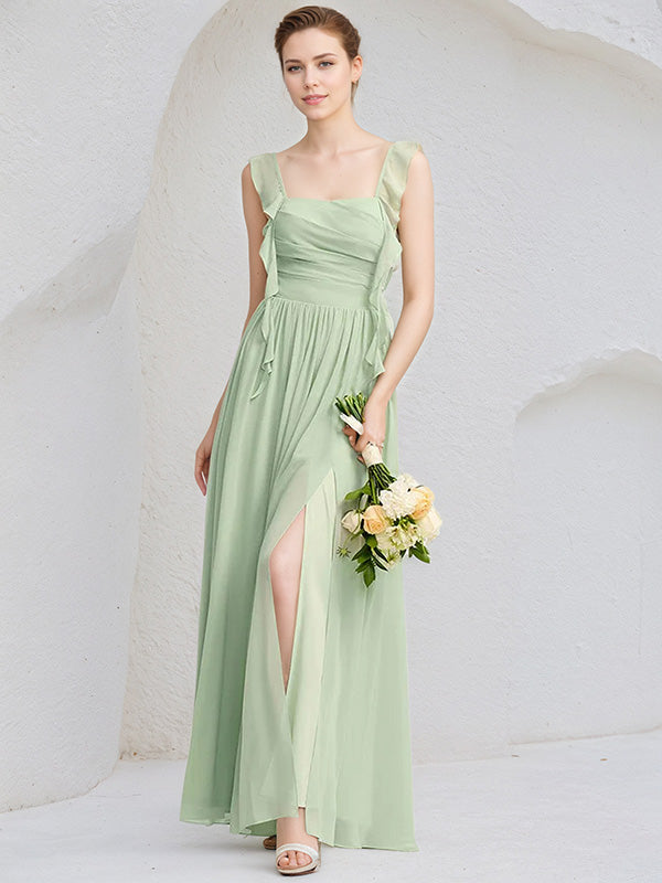 Mint Green Chiffon A Line Square Neck Sleeveless Floor Length Bridesmaid Dress with Ruffle - VelvetHem