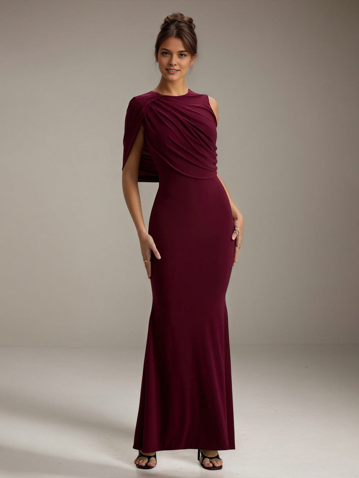 Burgundy Chiffon Sheath/Column Scoop Neck Sleeveless Floor Length Bridesmaid Dresses - VelvetHem