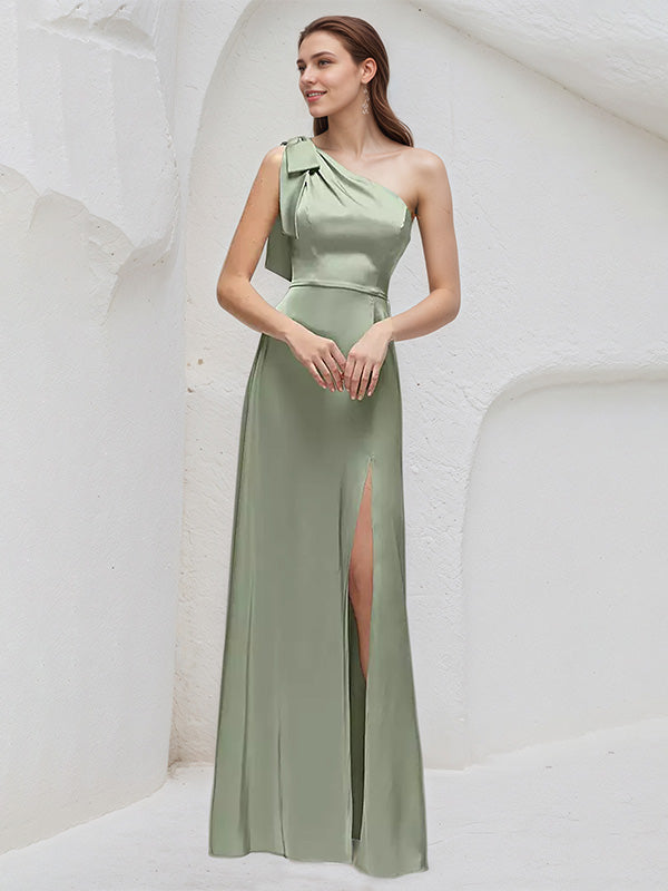Sage Satin A Line One Shoulder Sleeveless Floor Length Bridesmaid Dresses With Bow - VelvetHem
