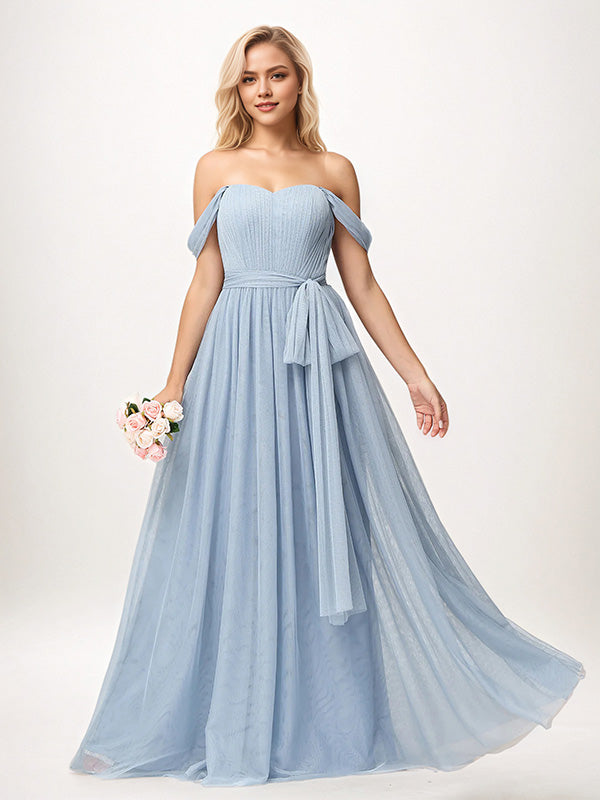 Dusty Blue A Line Tulle Off The Shoulder Sleeveless Floor-Length Bridesmaid Dresses - VelvetHem