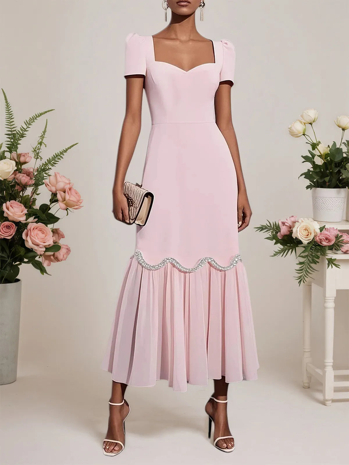 Pink Rhinestone Classic Sweetheart Neckline Short Sleeve A-Line Maxi Dress - VelvetHem