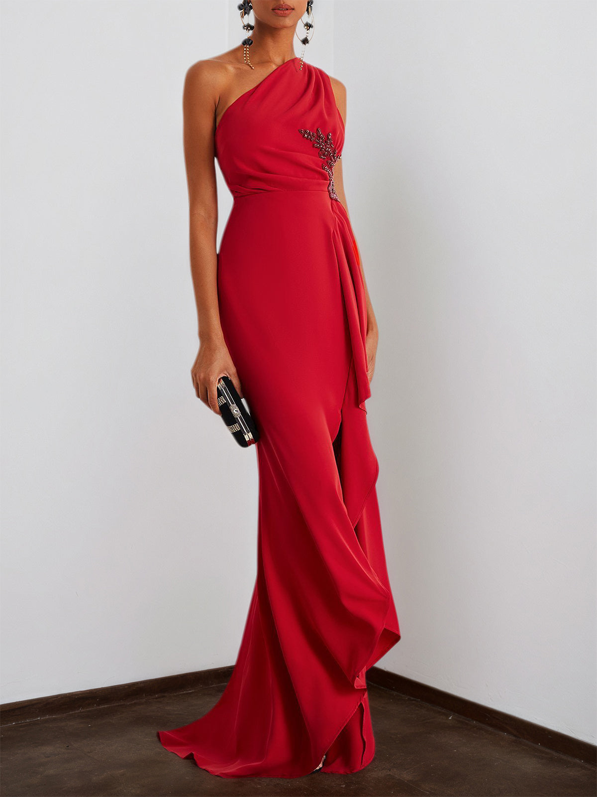 Red Beaded One Shoulder Sleeveless Slit Sheath Gown Dress - VelvetHem