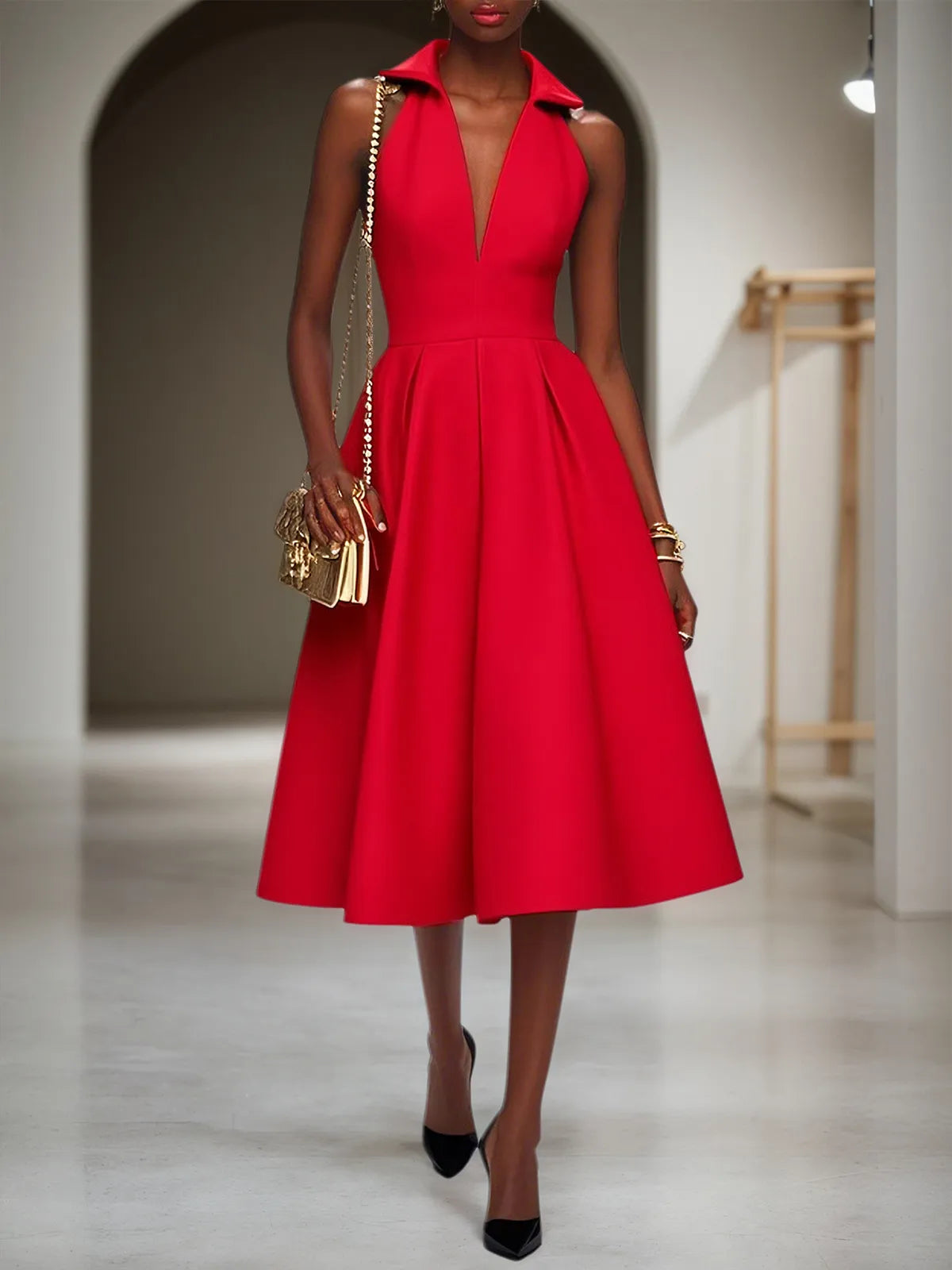 Red Classic Shirt Collar Sleeveless A-Line Midi Dress - VelvetHem