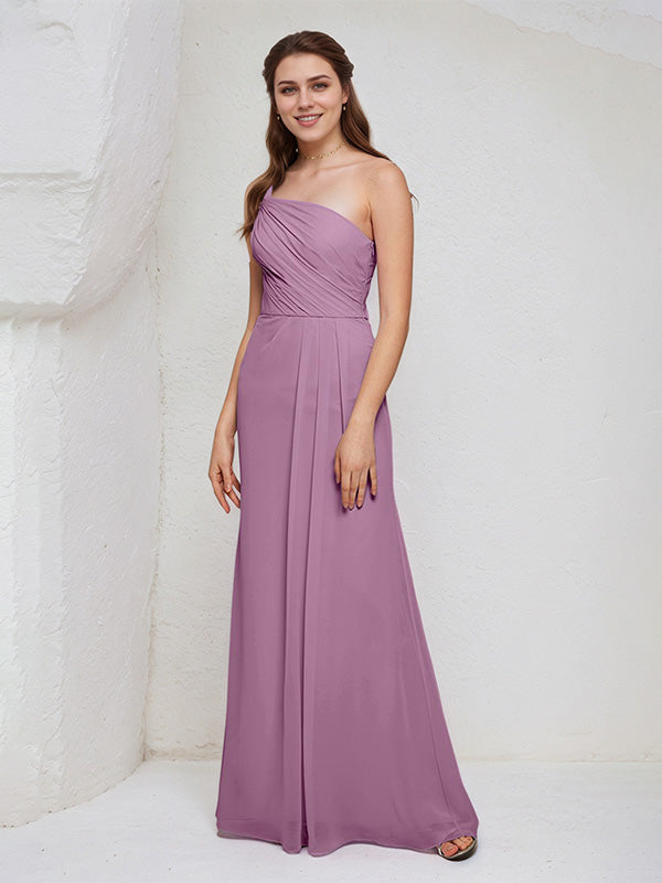 Orchid Chiffon A Line One Shoulder Sleeveless Floor Length Bridesmaid Dress - VelvetHem