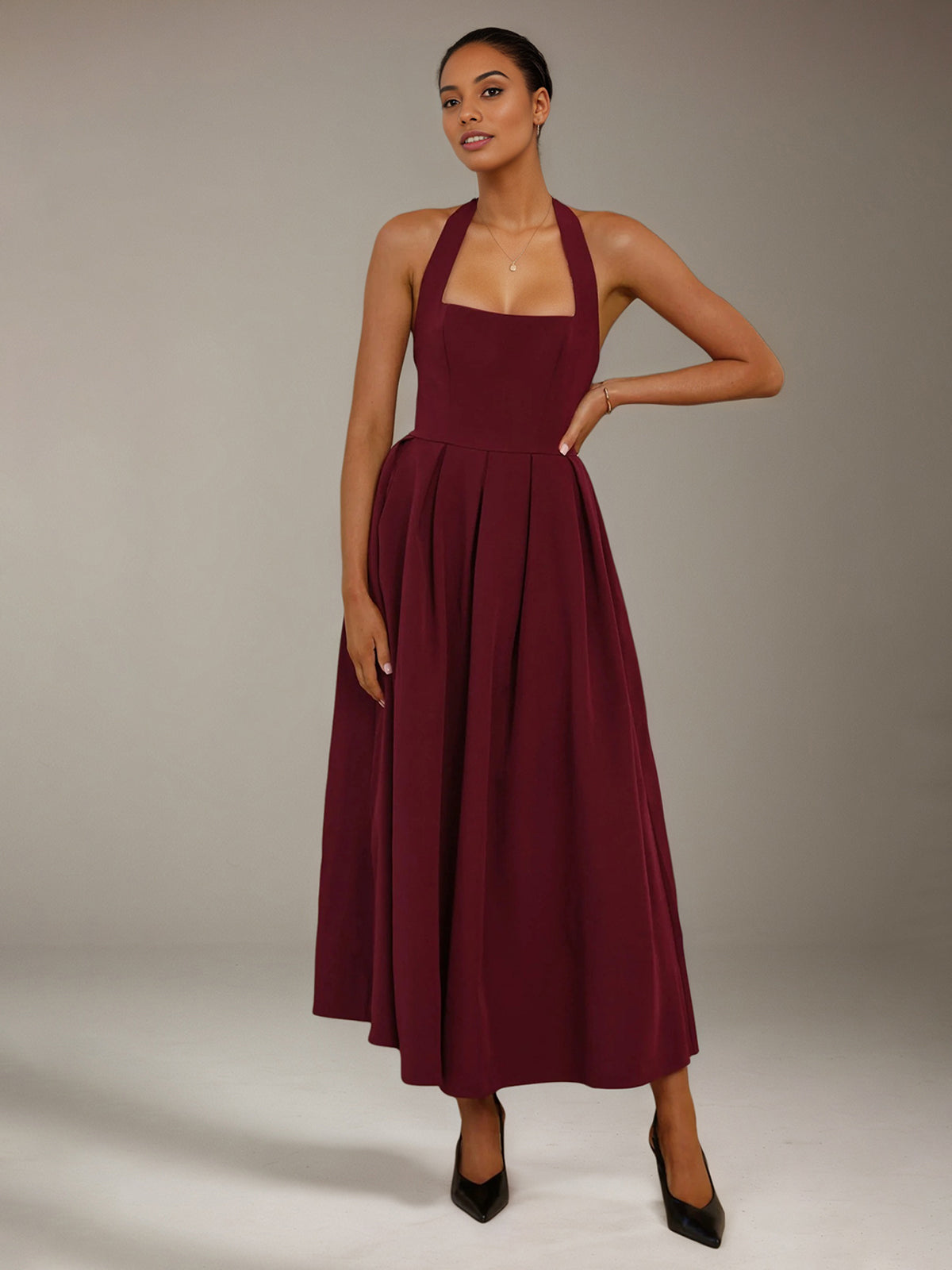 Wine Stretch Crepe A Line Halter Neck Sleeveless Ankle Length Bridesmaid Dresses - VelvetHem