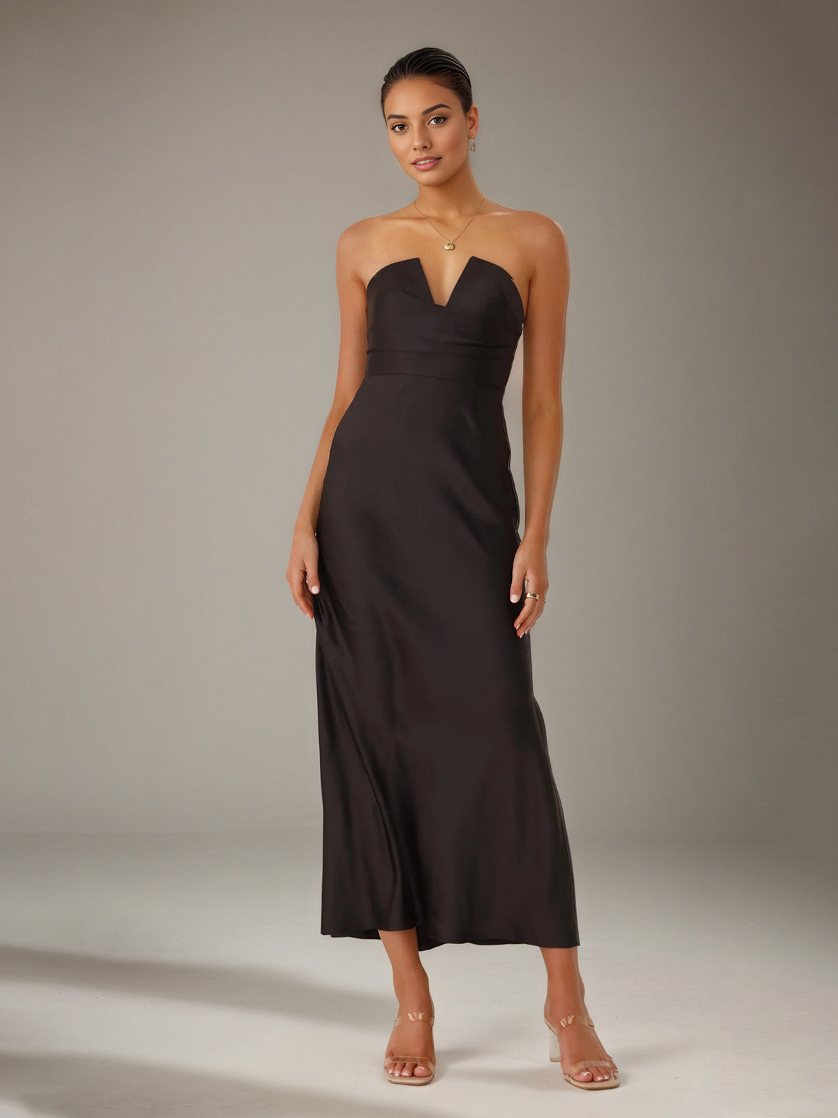 Black Satin Sheath/Column V Neck Ankle Length Bridesmaid Dresses - VelvetHem